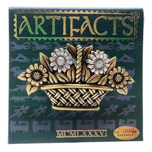 Artifacts JJ Flower Basket Brooch/Pin Earring Ensemble Gold Silver Tone 1986 NEW